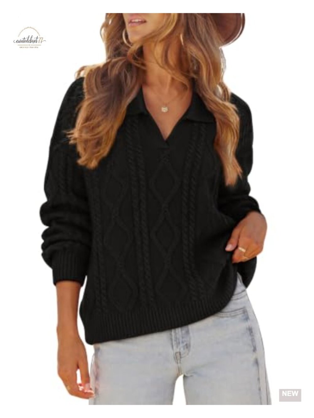 Lazysmile Women's Oversized Cable Knit Polo V Neck Fall Sweater Pullover
